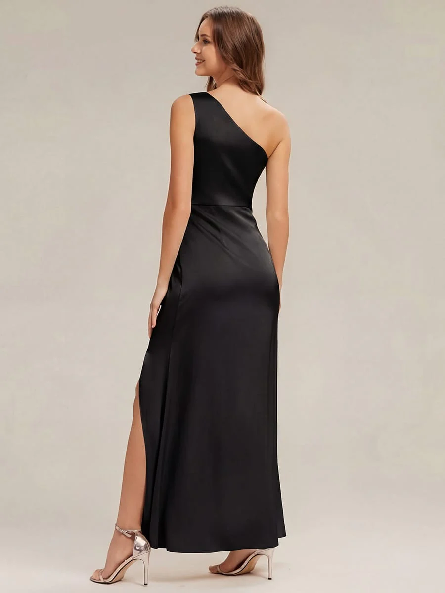 Thigh-High Slit Satin One-Shoulder Dress - Image 4