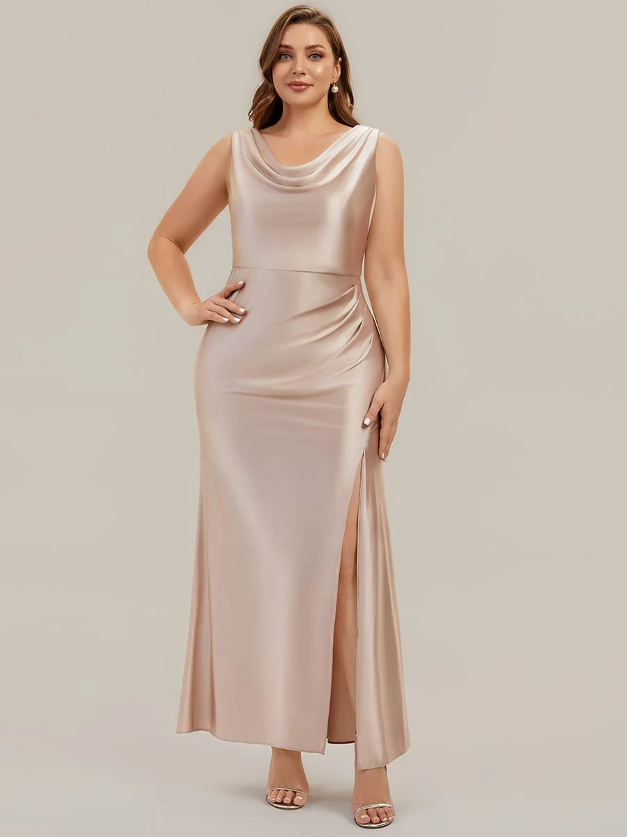 Cowl Neck Satin Drape and Slit Dress - Image 13