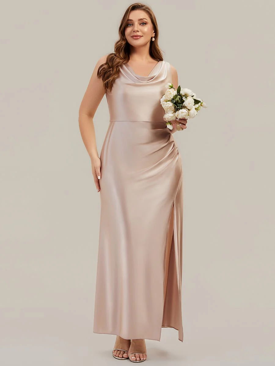 Cowl Neck Satin Drape and Slit Dress - Image 16