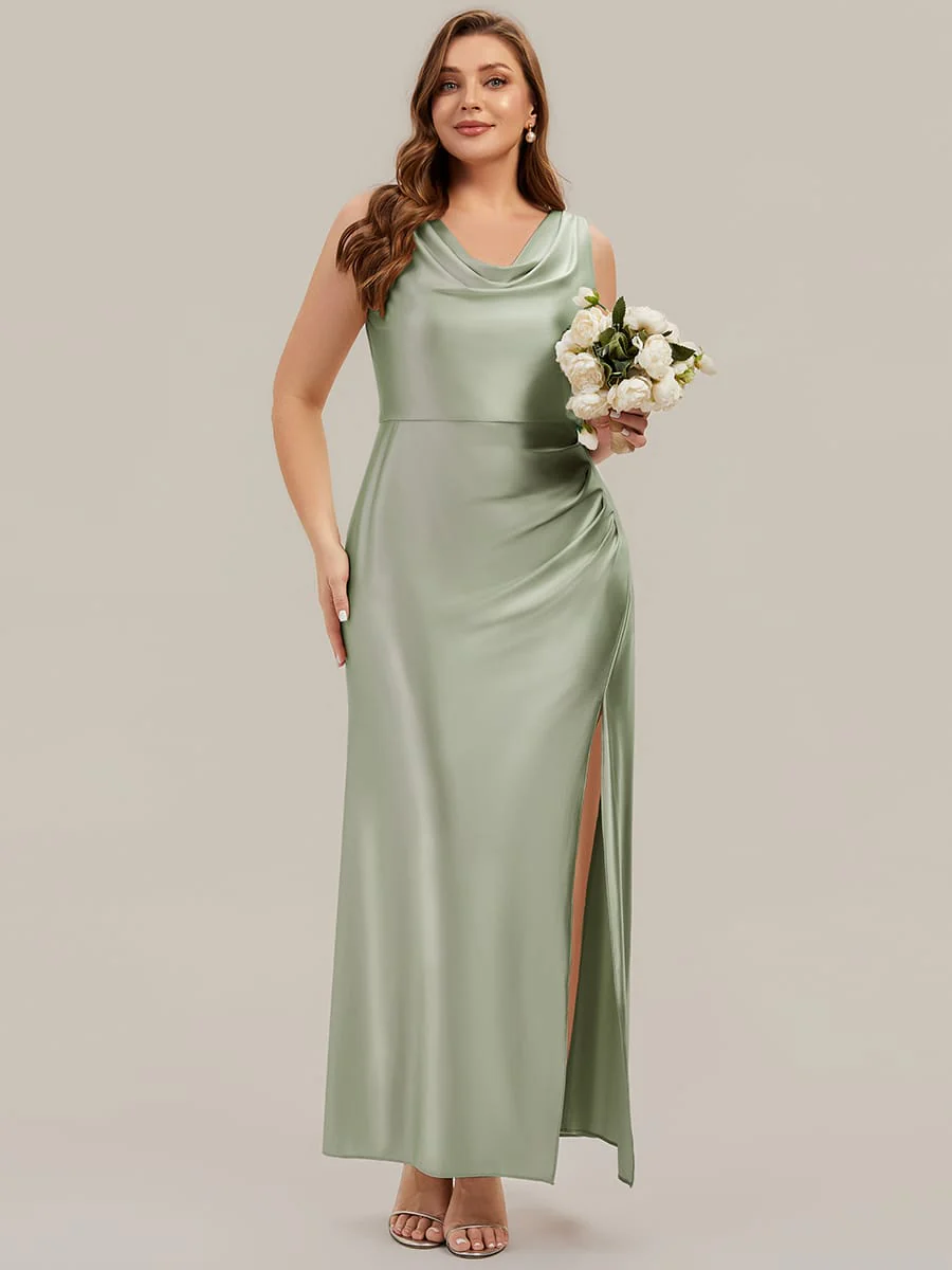 Cowl Neck Satin Drape and Slit Dress - Image 24