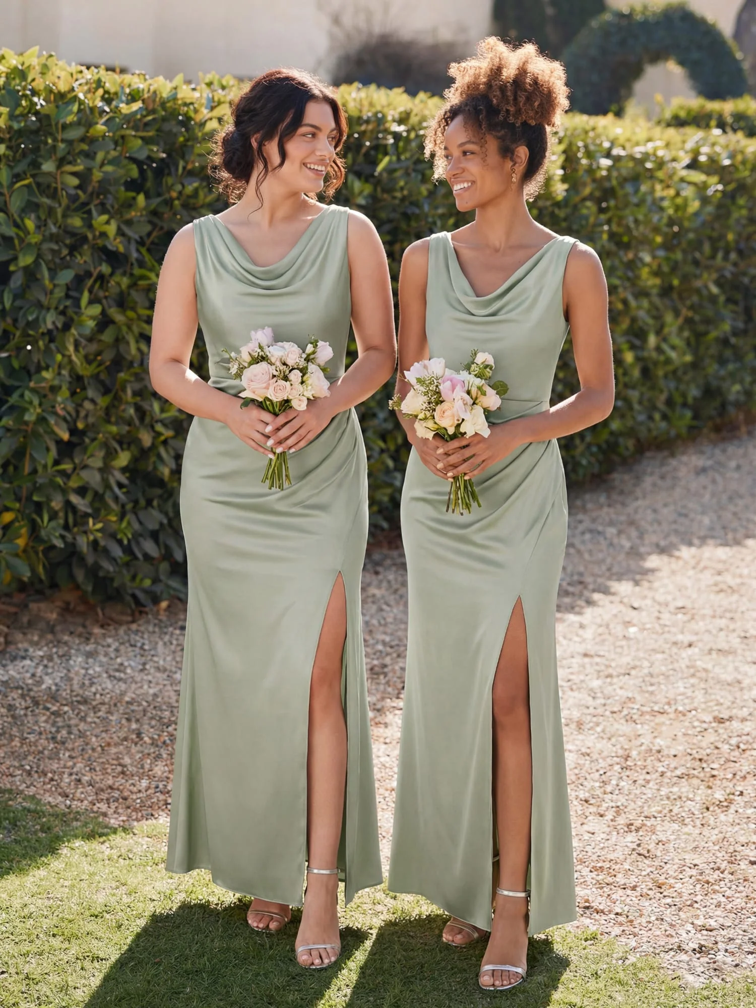Cowl Neck Satin Drape and Slit Dress - Image 3