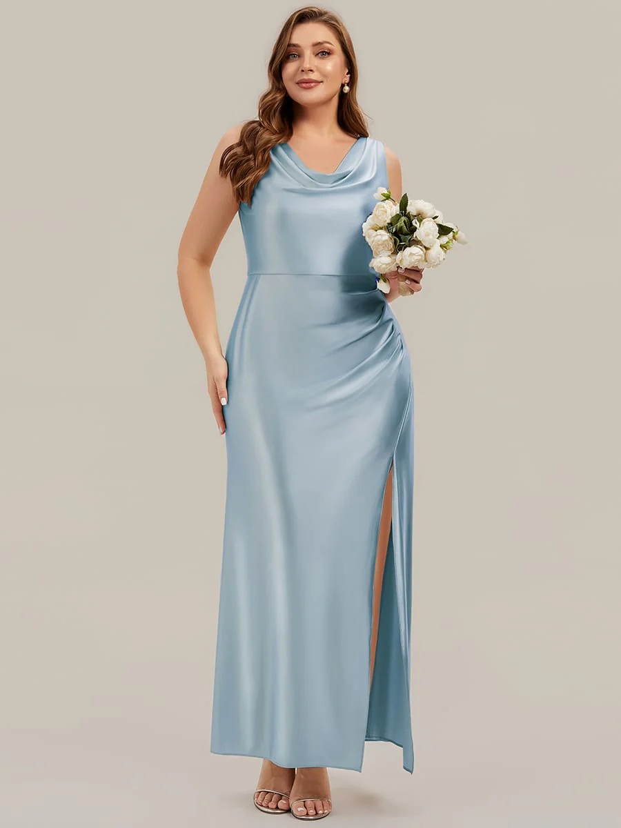 Cowl Neck Satin Drape and Slit Dress - Image 30