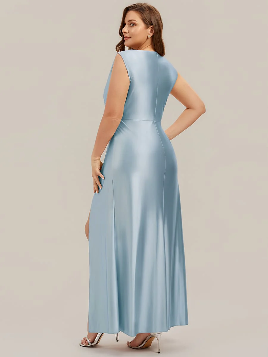 Cowl Neck Satin Drape and Slit Dress - Image 31
