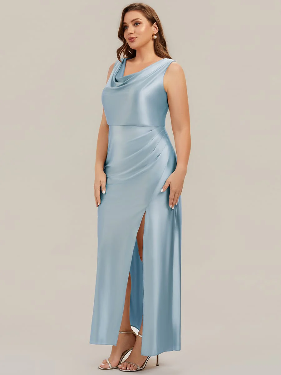 Cowl Neck Satin Drape and Slit Dress - Image 33