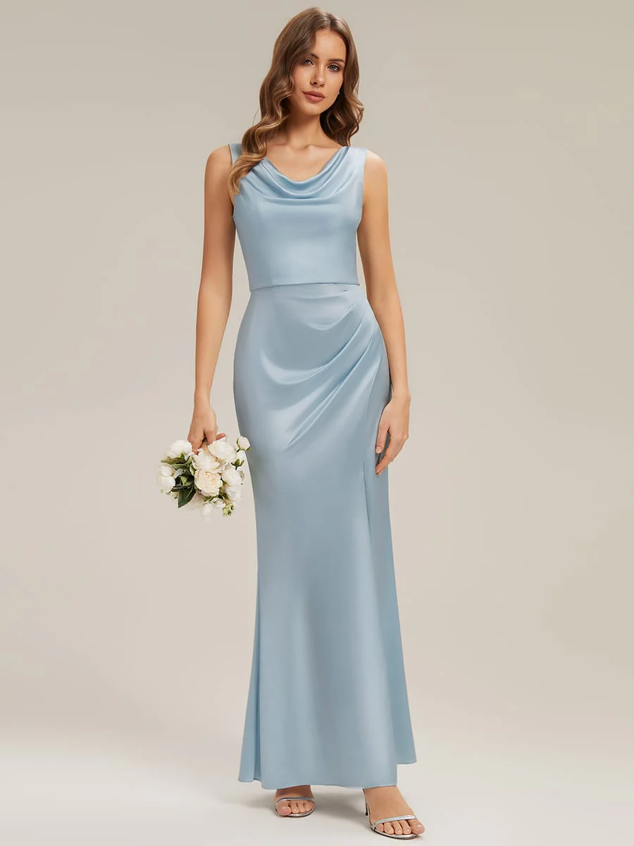 Cowl Neck Satin Drape and Slit Dress - Image 4