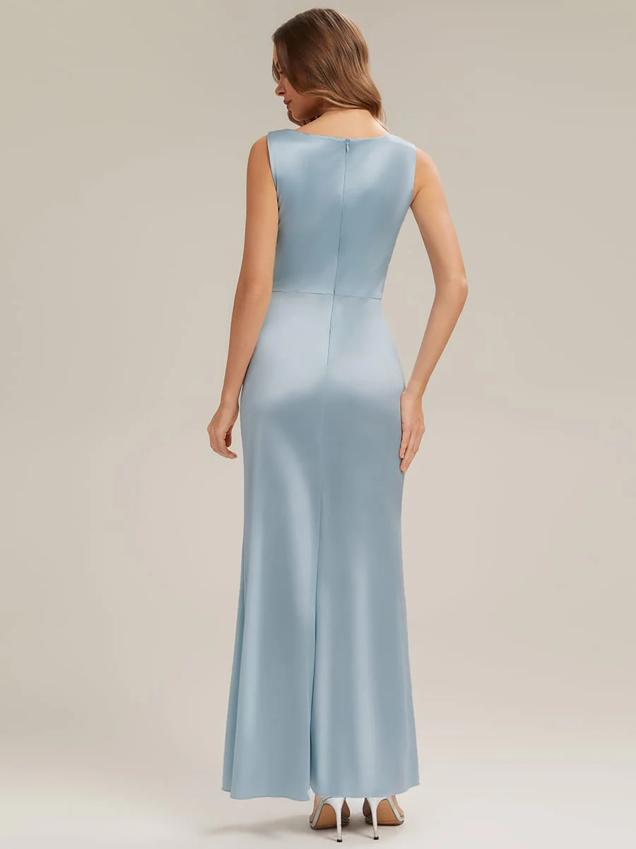 Cowl Neck Satin Drape and Slit Dress - Image 5
