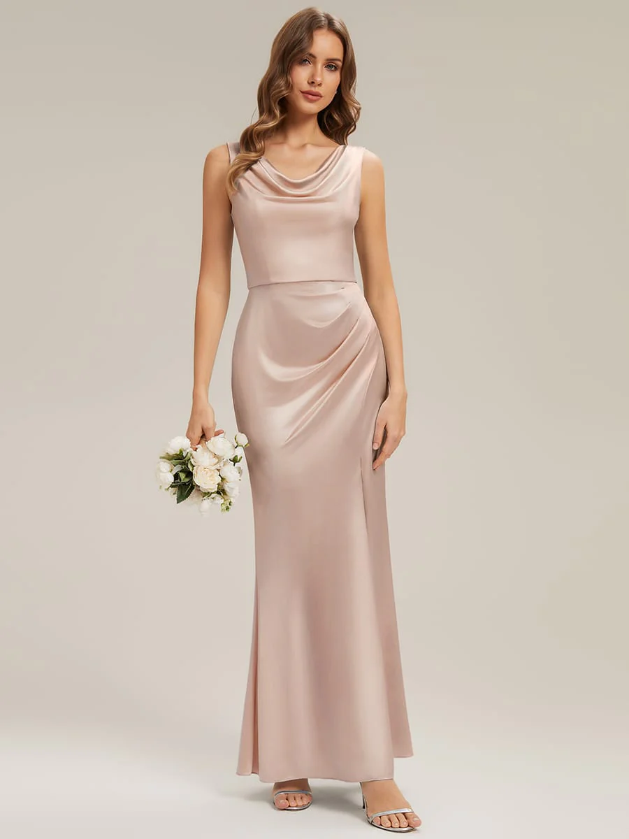 Cowl Neck Satin Drape and Slit Dress - Image 7