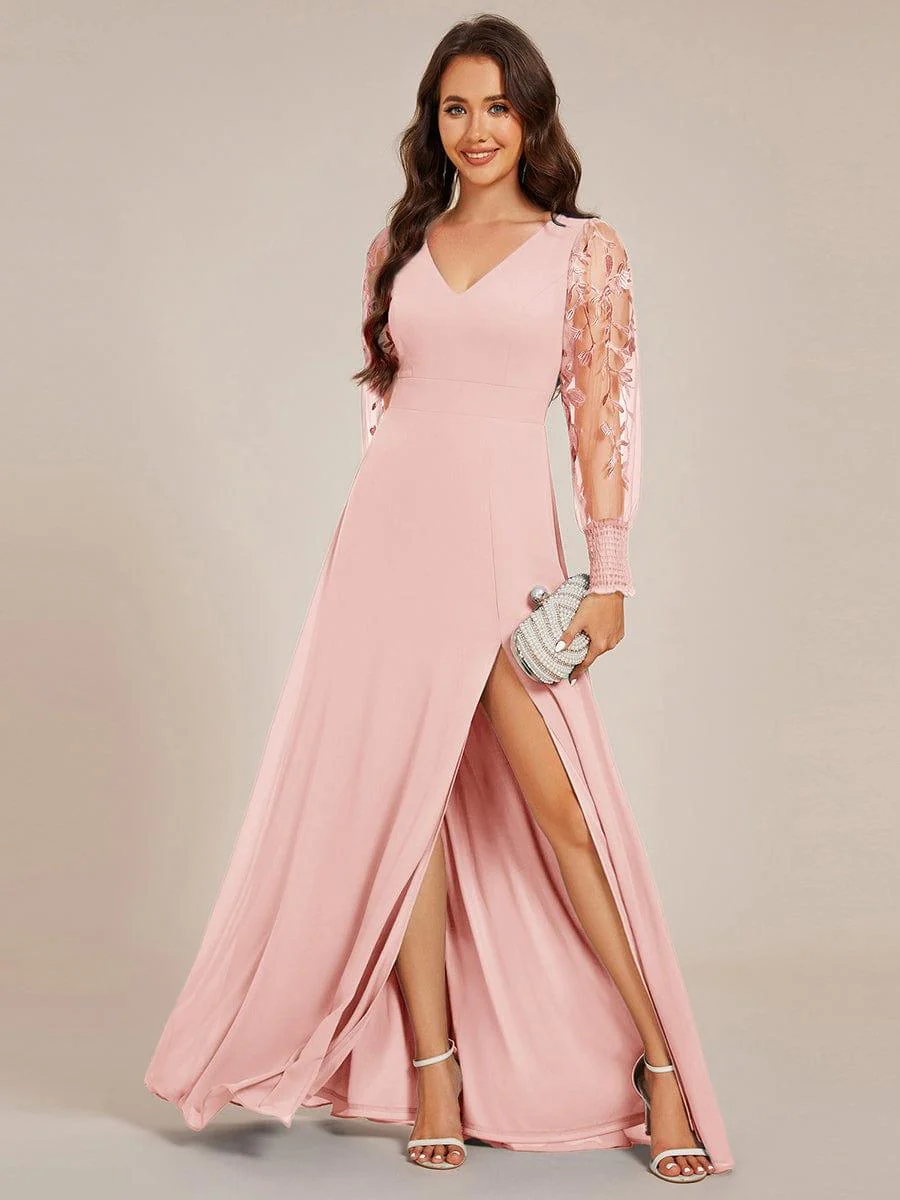 ever RYLEE|Thigh Split Chiffon Evening Maxi Dress With Sheer Embroidered Long Sleeves - Image 15