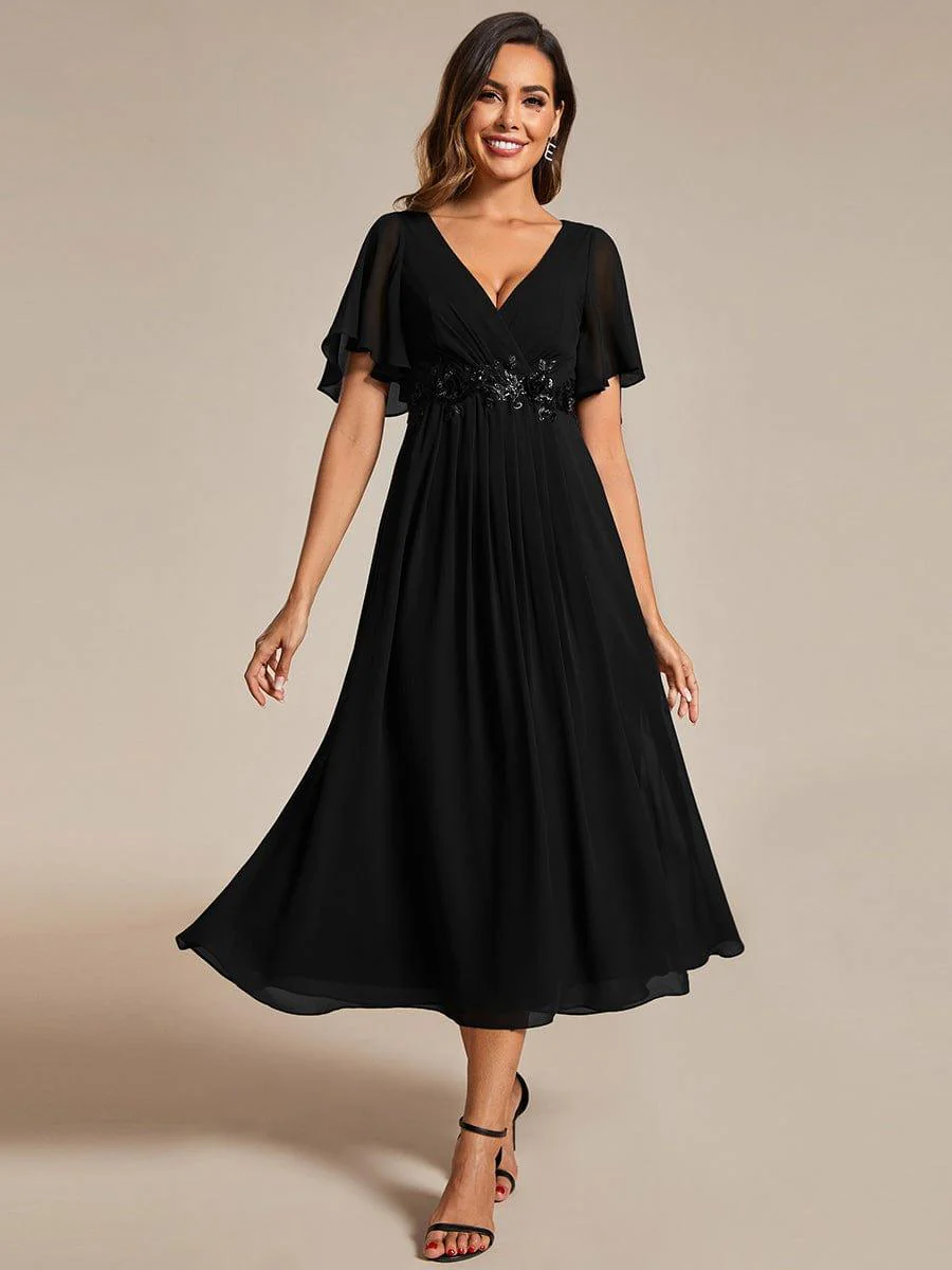ever DAHLIA|V-Neck Chiffon Midi Evening Dress with Waist Applique(Final Sale) - Image 19