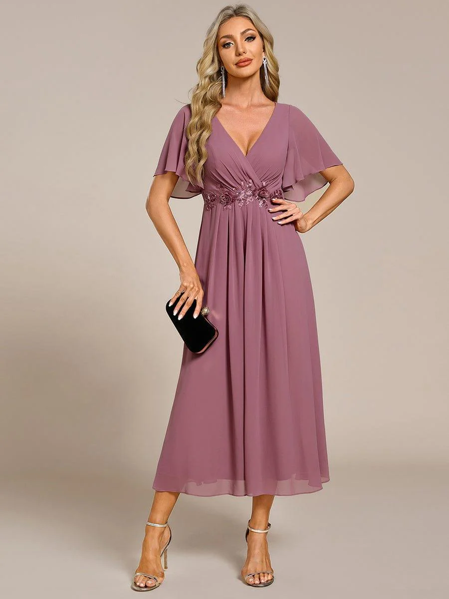 ever DAHLIA|V-Neck Chiffon Midi Evening Dress with Waist Applique(Final Sale) - Image 5