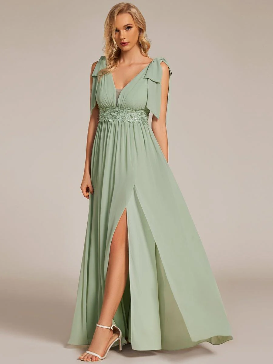 ever FRANKIE|V-neck Empire Waist Chiffon Maxi Bridesmaid Dress with Bow Straps & Side Slit - Image 5