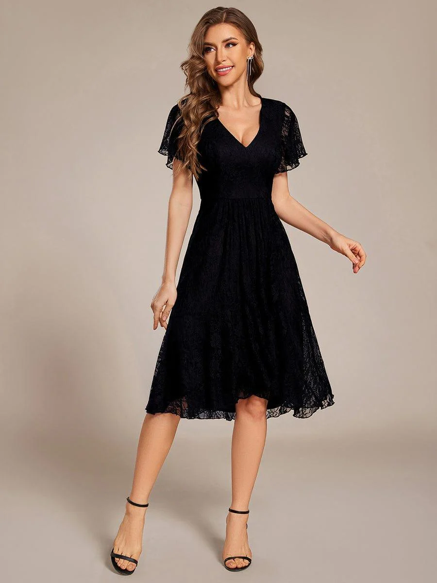 ever PALOMA|V-Neck Lace Lotus Leaf Ruffles Sleeve Midi Length Evening Dress - Image 3