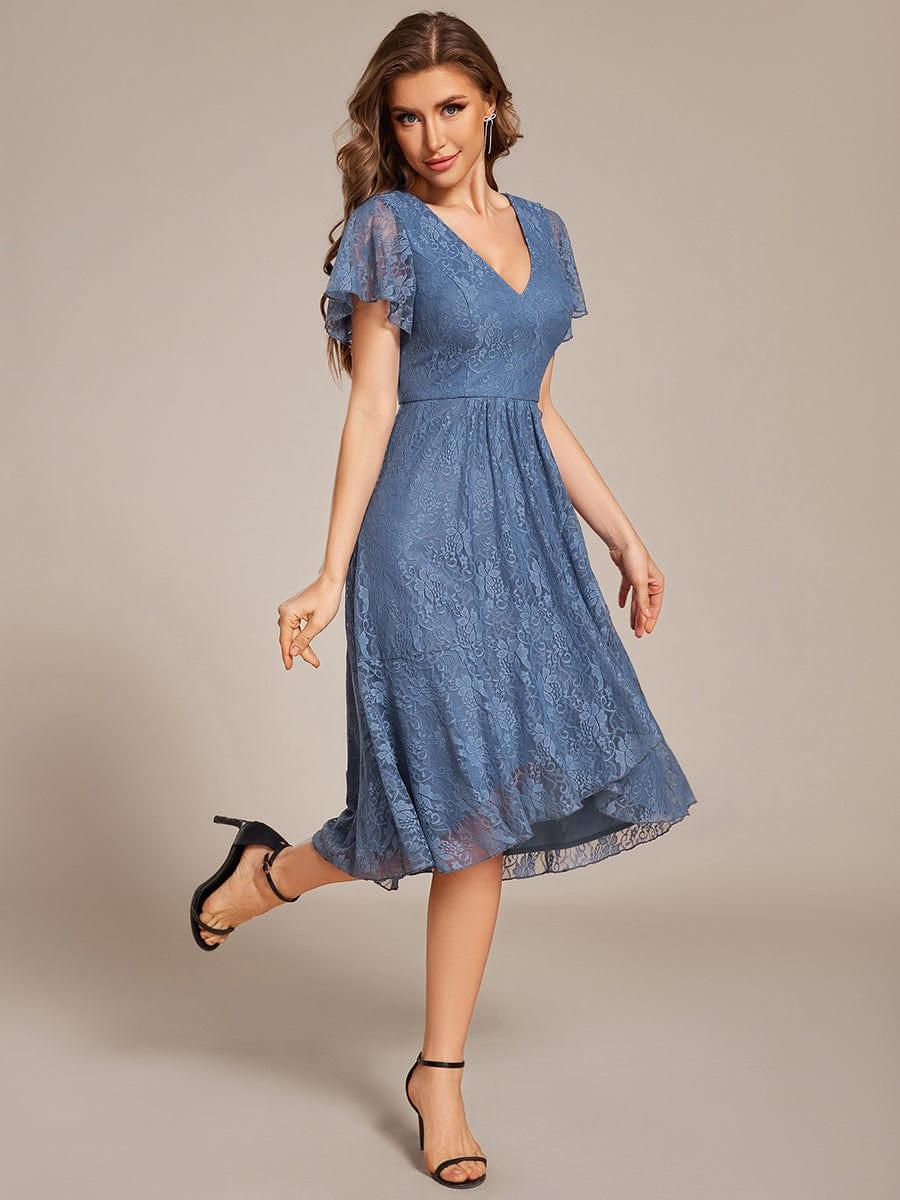 ever PALOMA|V-Neck Lace Lotus Leaf Ruffles Sleeve Midi Length Wedding Guest Dress