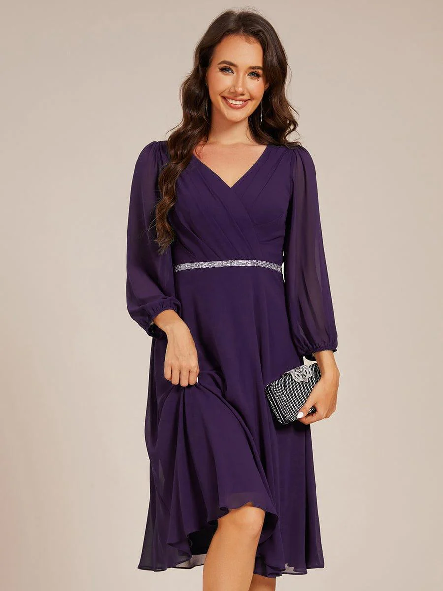 ever NYLAH|V-neck Long Sleeve Pleated Chiffon Midi Wedding Guest Dress - Image 17