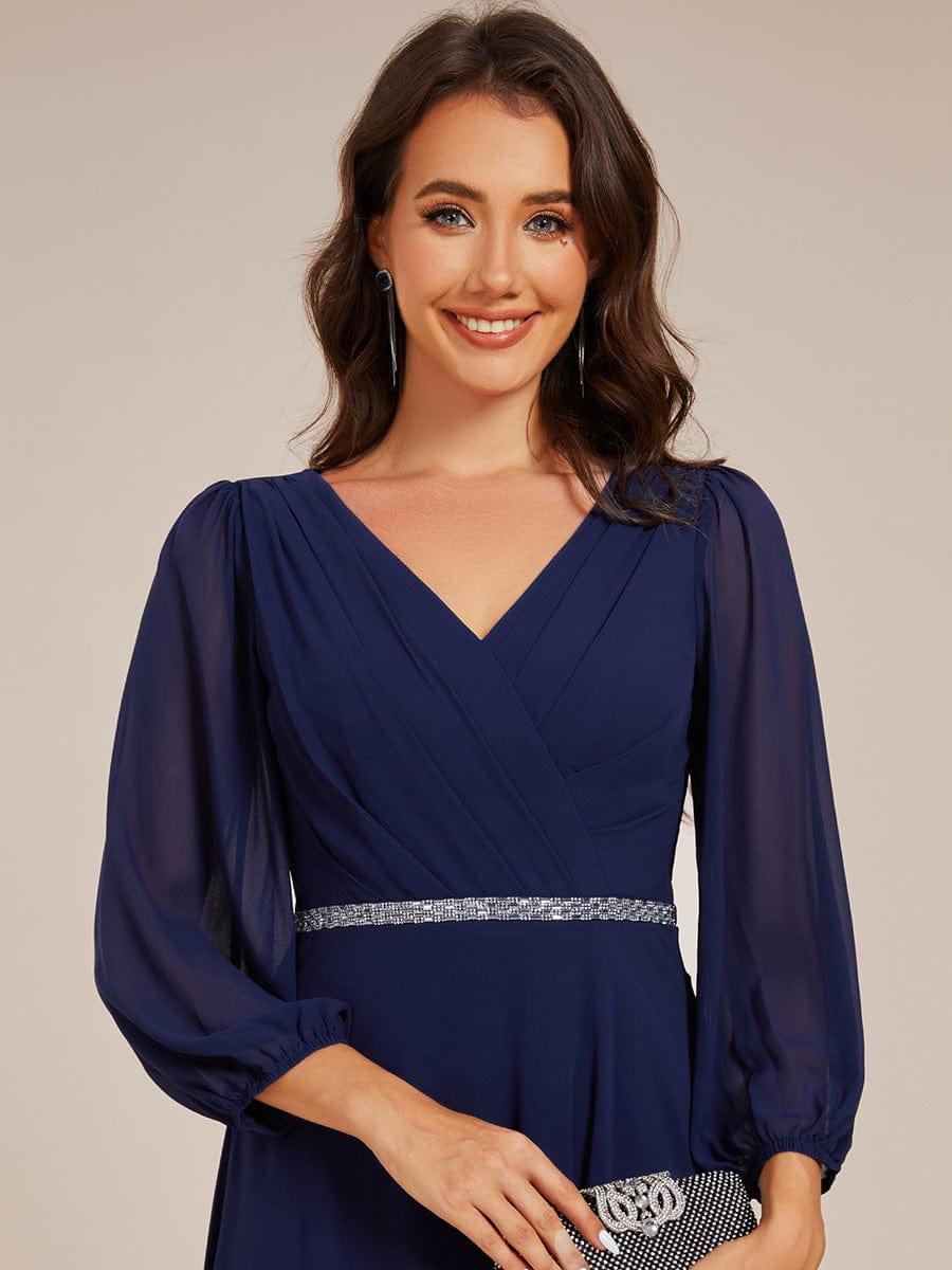 ever NYLAH|V-neck Long Sleeve Pleated Chiffon Midi Wedding Guest Dress - Image 23