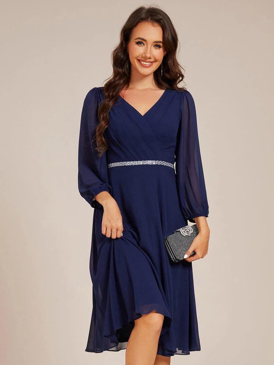 ever NYLAH|V-neck Long Sleeve Pleated Chiffon Midi Wedding Guest Dress - Image 24