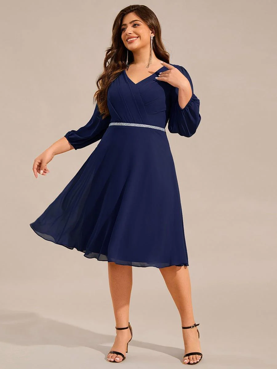 ever NYLAH|V-neck Long Sleeve Pleated Chiffon Midi Wedding Guest Dress - Image 26