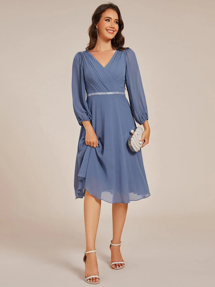 ever NYLAH|V-neck Long Sleeve Pleated Chiffon Midi Wedding Guest Dress - Image 7