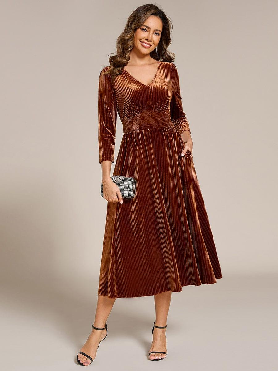 ever ARLET|V-neck Long Sleeve Velvet A-Line Midi Wedding Guest Dress - Image 15