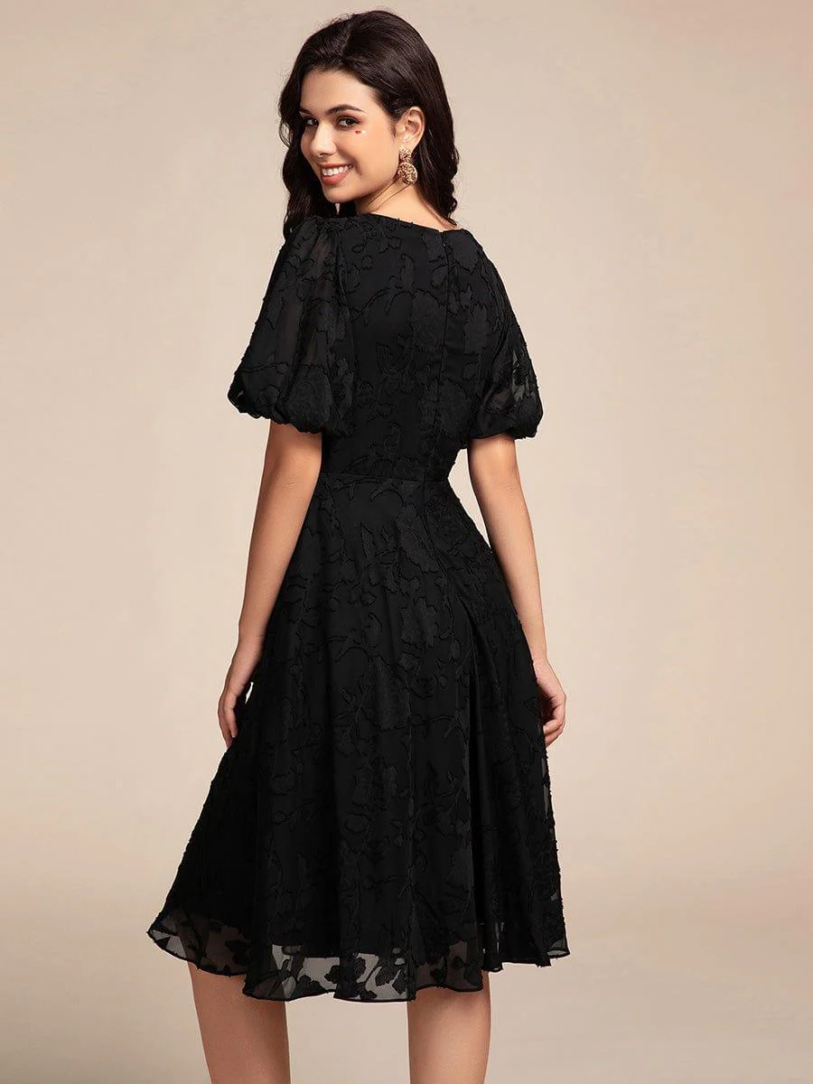 ever DANI|V-neck Puffy Midi Wedding Guest Dress With Short Sleeves - Image 2