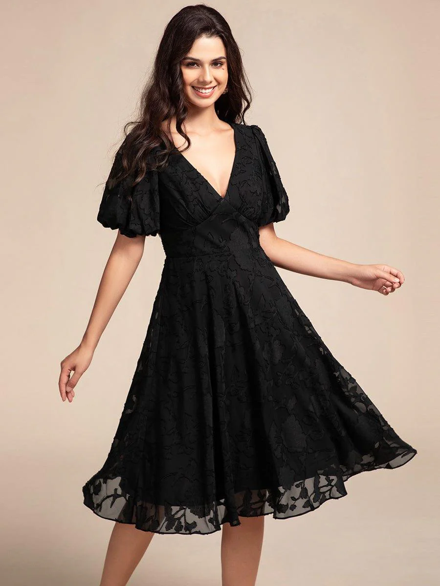 ever DANI|V-neck Puffy Midi Wedding Guest Dress With Short Sleeves - Image 4