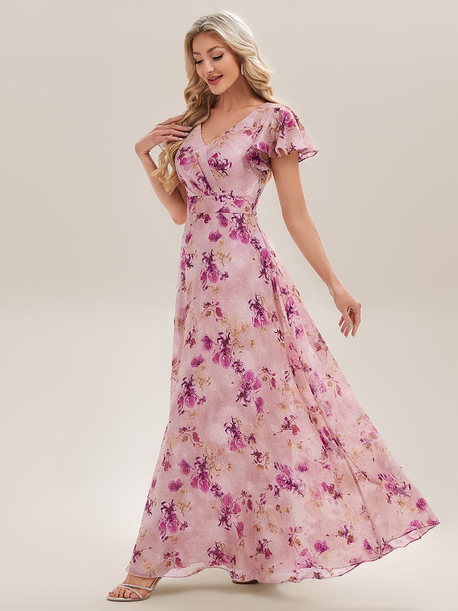 V-Neck Ruffle Sleeve Floral Bridesmaid Dress - Image 4
