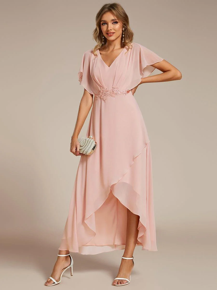 ever LILAS|Waist Applique A-Line Chiffon V-Neck Wedding Guest Dress - Image 17