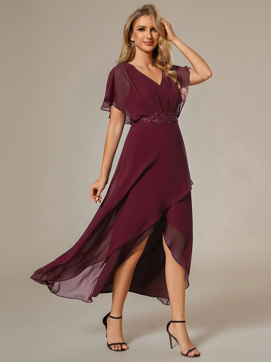 ever LILAS|Waist Applique A-Line Chiffon V-Neck Wedding Guest Dress - Image 35