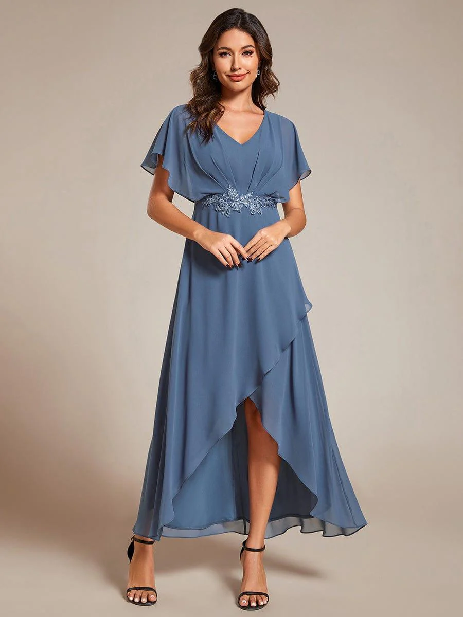 ever LILAS|Waist Applique A-Line Chiffon V-Neck Wedding Guest Dress - Image 41