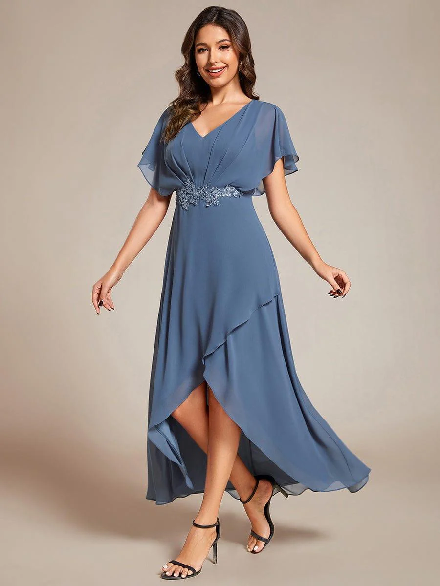 ever LILAS|Waist Applique A-Line Chiffon V-Neck Wedding Guest Dress - Image 45