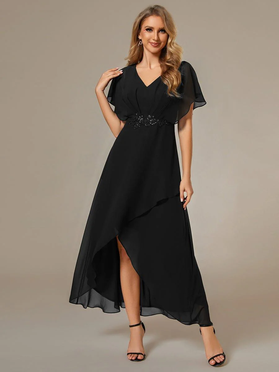 ever LILAS|Waist Applique A-Line Chiffon V-Neck Wedding Guest Dress - Image 5