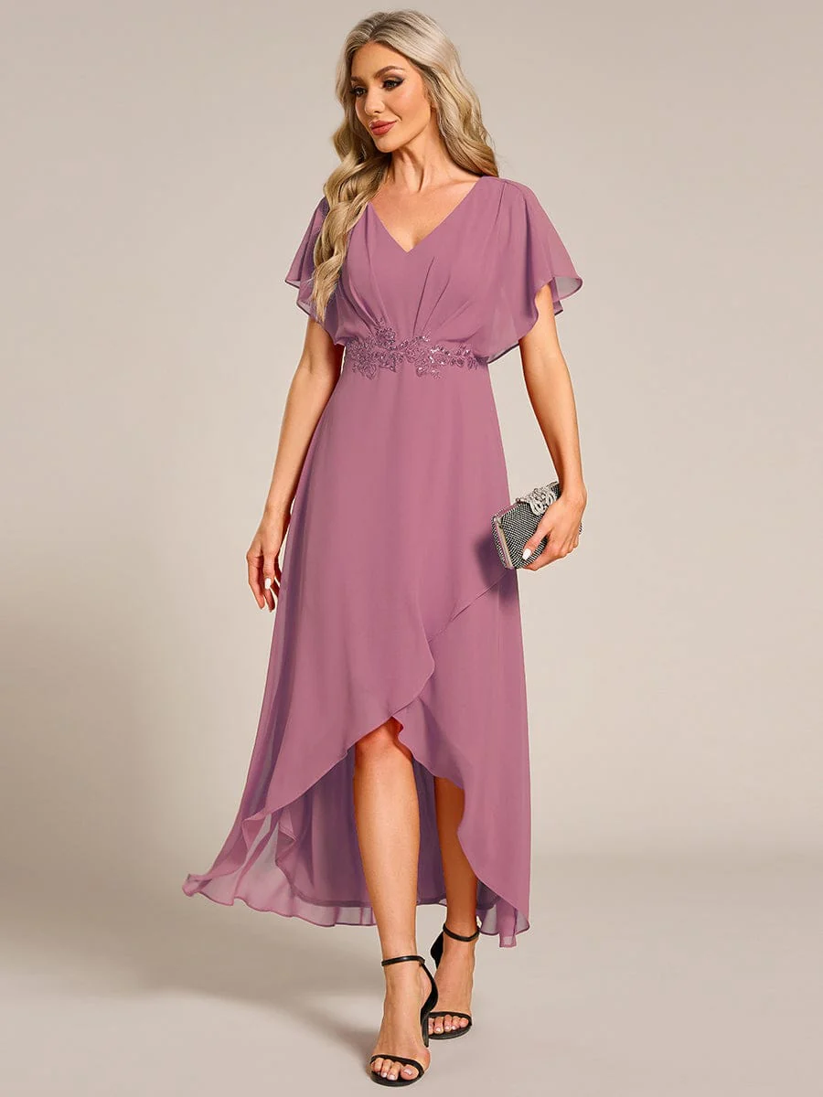 ever LILAS|Waist Applique A-Line Chiffon V-Neck Wedding Guest Dress - Image 55