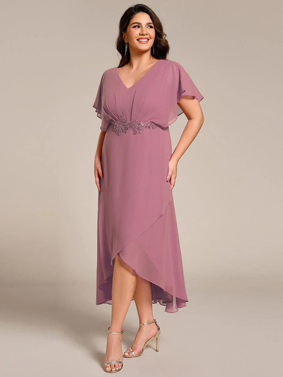 ever LILAS|Waist Applique A-Line Chiffon V-Neck Wedding Guest Dress - Image 59