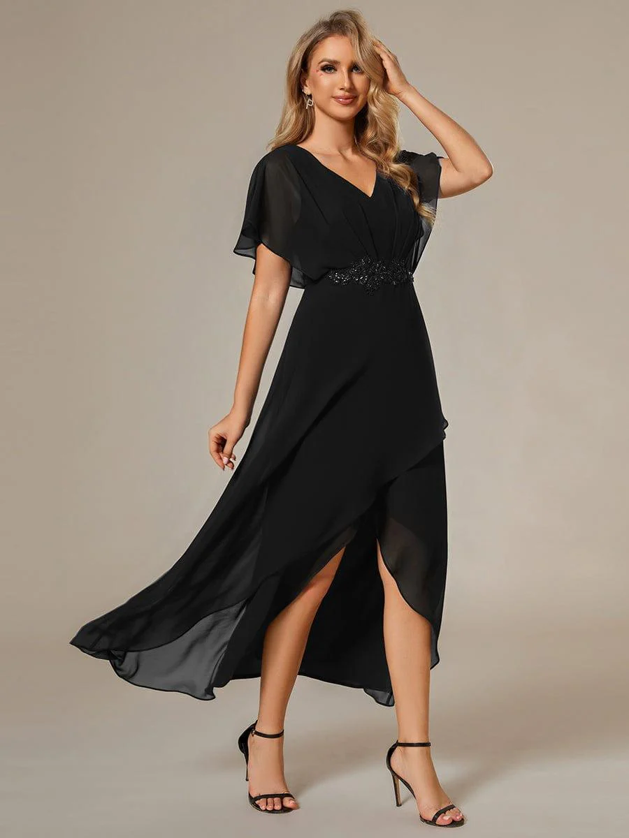 ever LILAS|Waist Applique A-Line Chiffon V-Neck Wedding Guest Dress - Image 6
