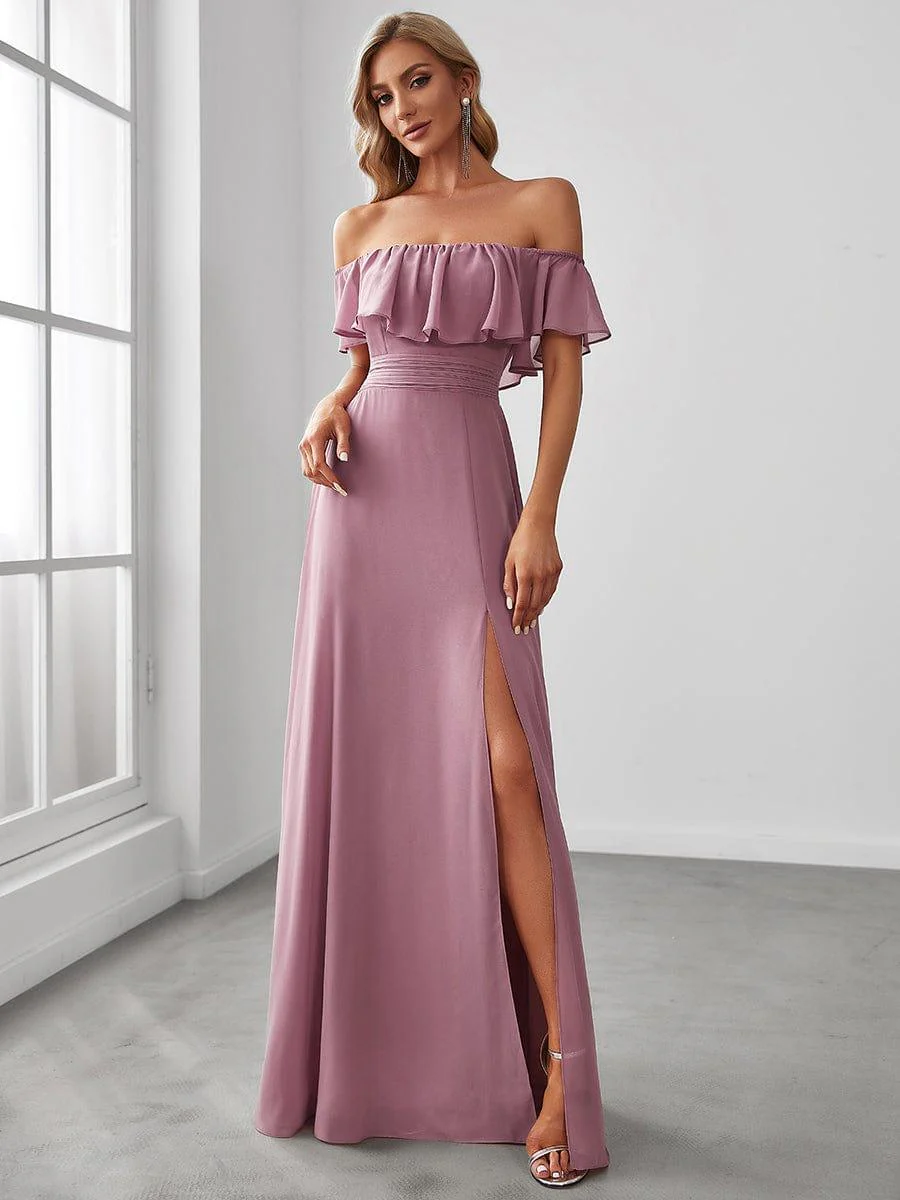 ever ÉMILE|Women's Off-The-Shoulder Ruffle Thigh Split Bridesmaid Dresses - Image 103