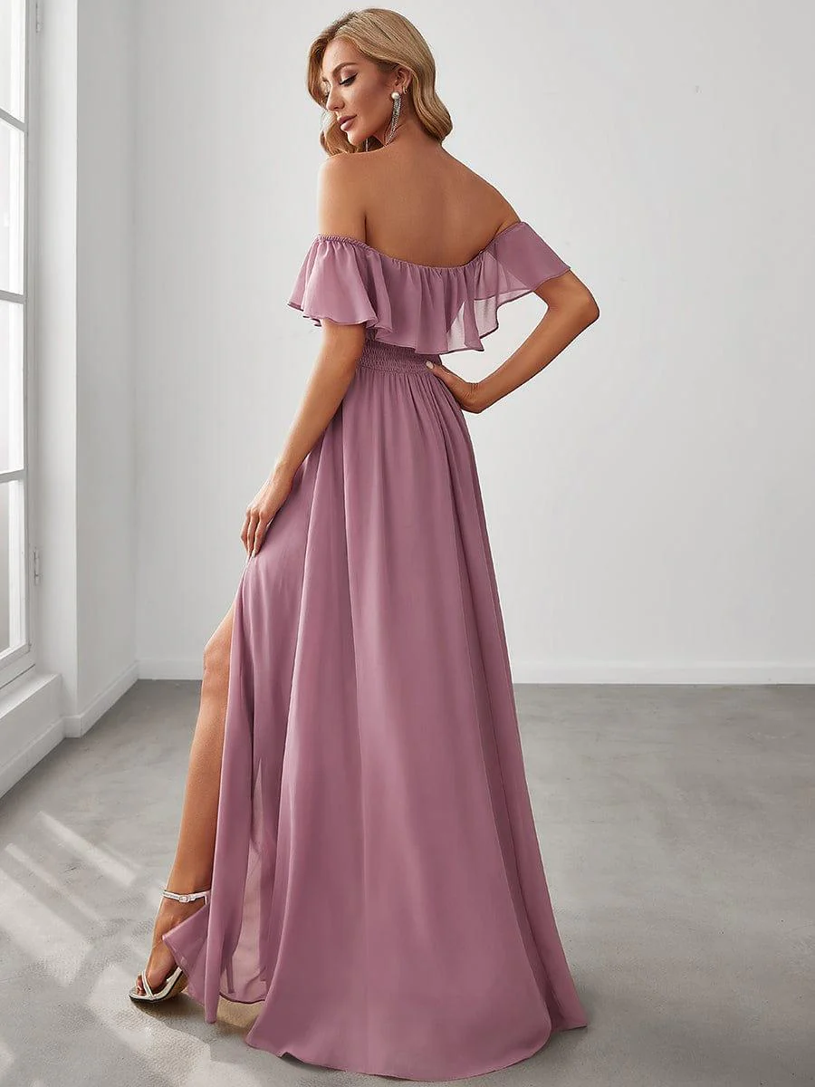 ever ÉMILE|Women's Off-The-Shoulder Ruffle Thigh Split Bridesmaid Dresses - Image 104