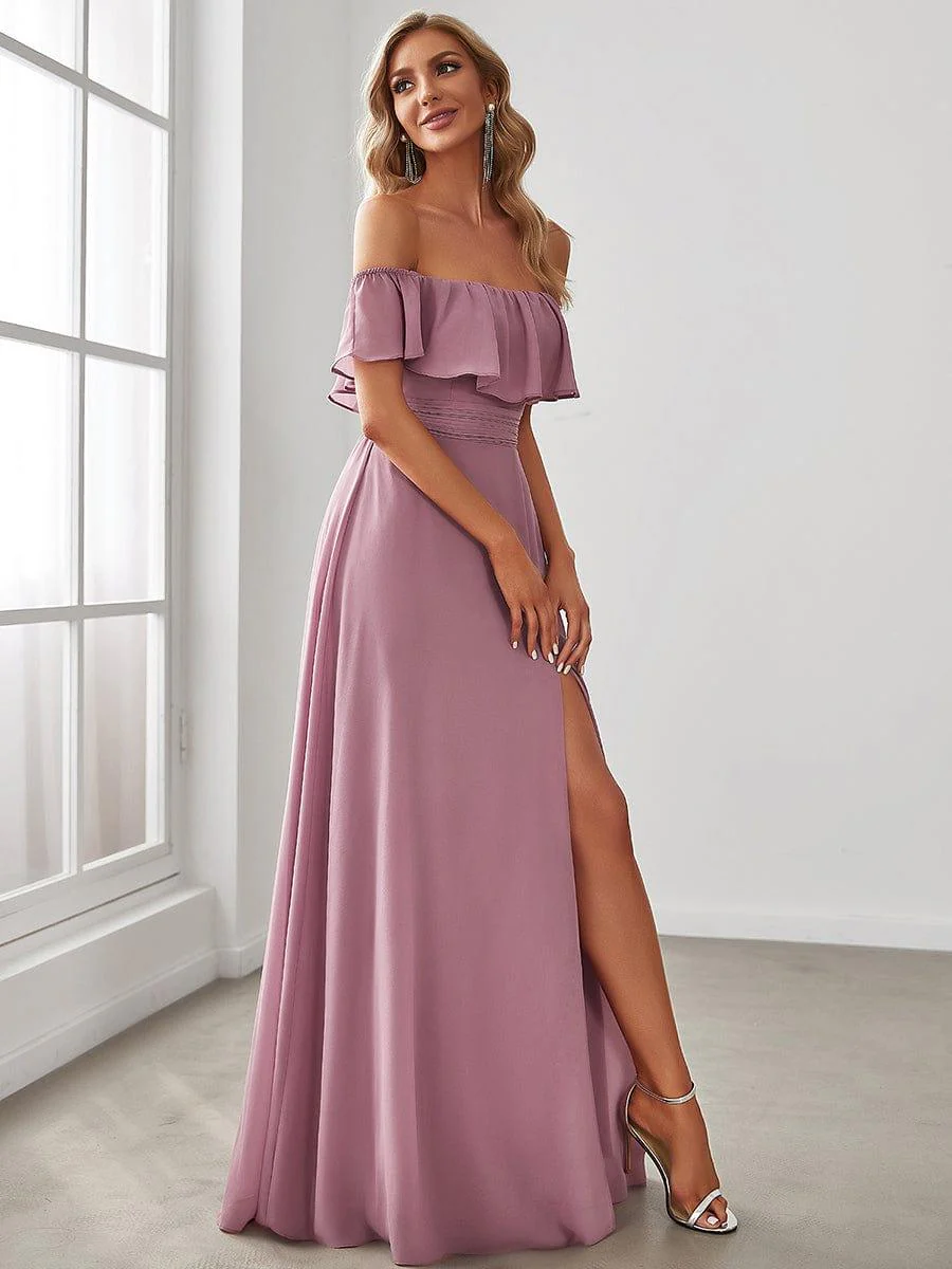 ever ÉMILE|Women's Off-The-Shoulder Ruffle Thigh Split Bridesmaid Dresses - Image 107