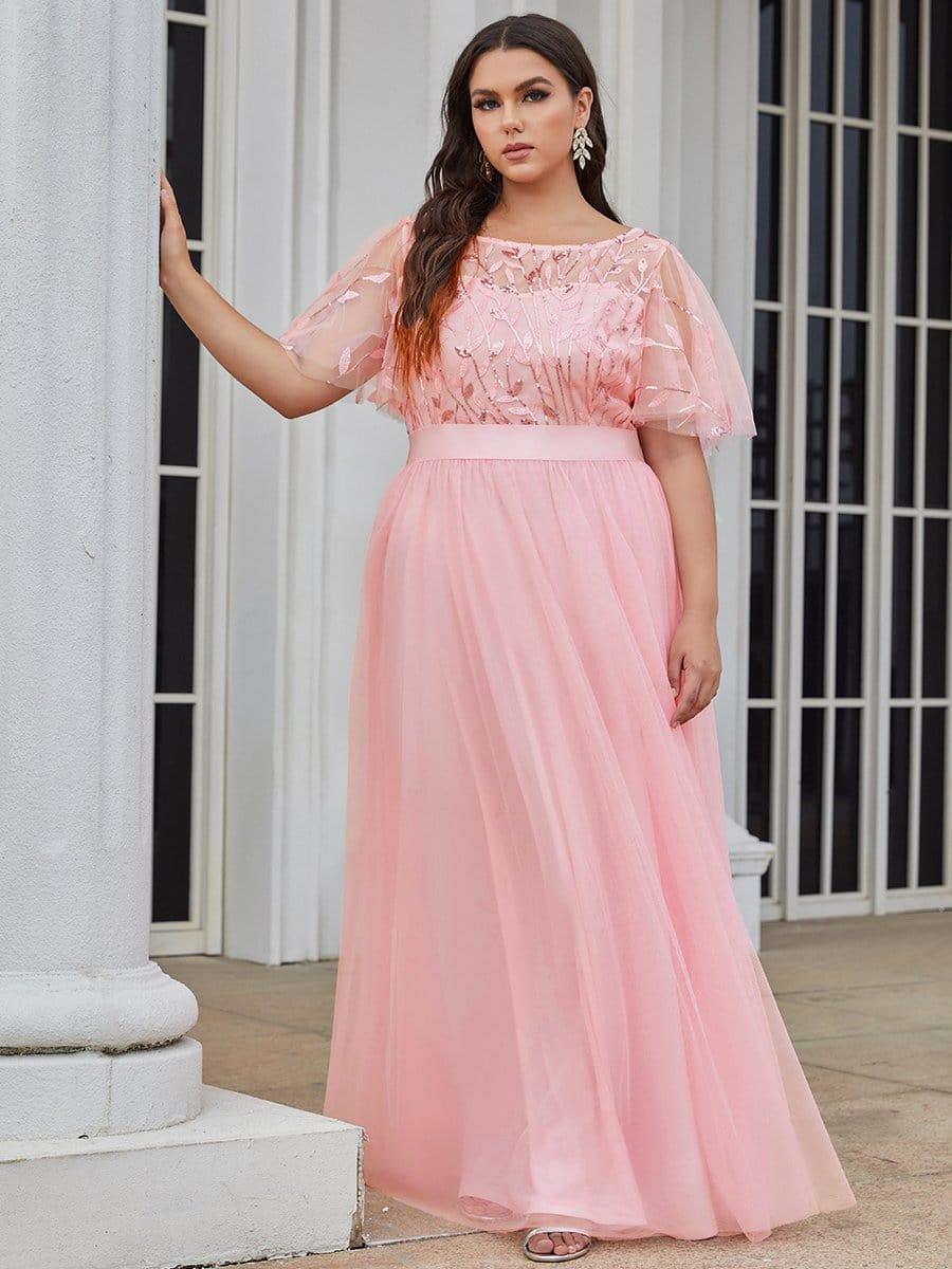 ever SAPHIR|Women's A-Line Short Sleeve Embroidery Floor Length Dresses In Pink - Image 6