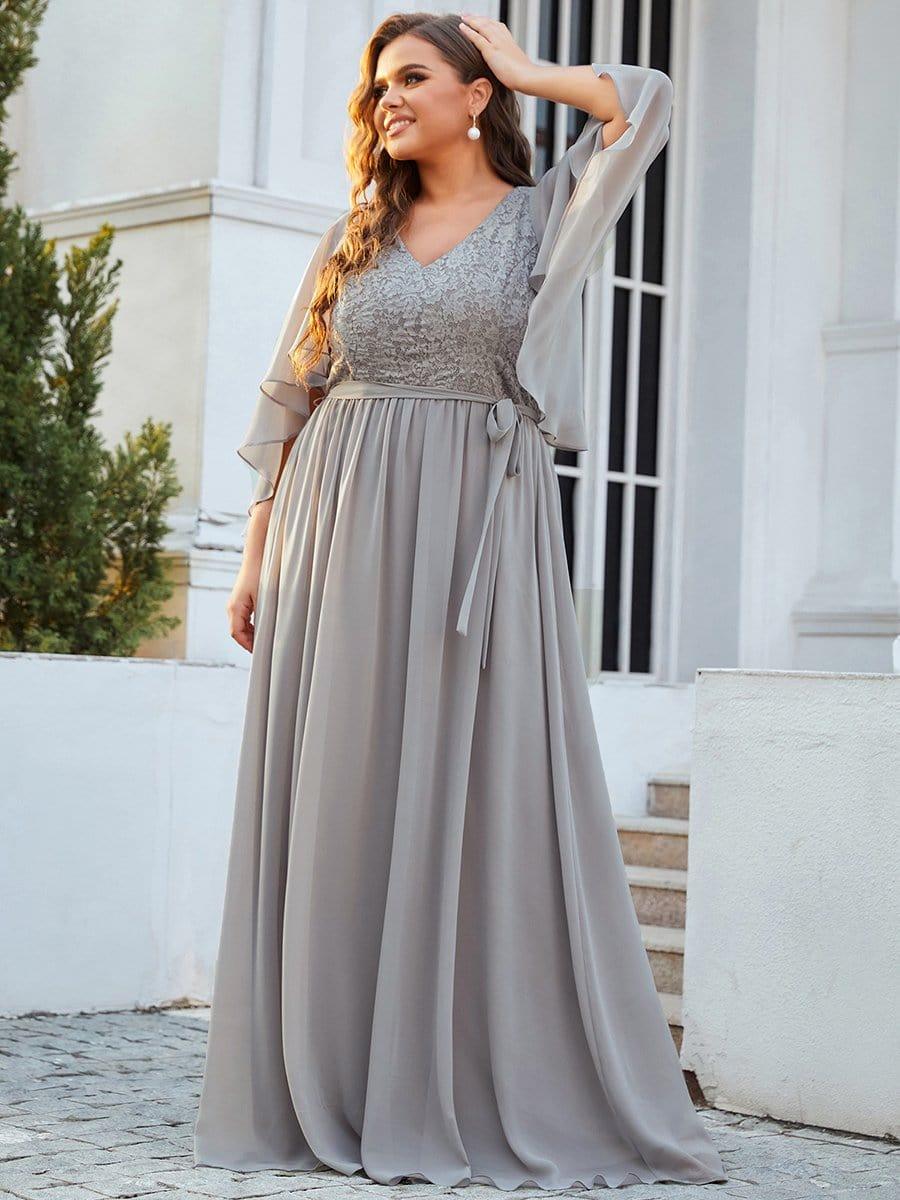 Women's Floor Length Deep V Neck Plus Size Evening Dress with Lace - Image 17
