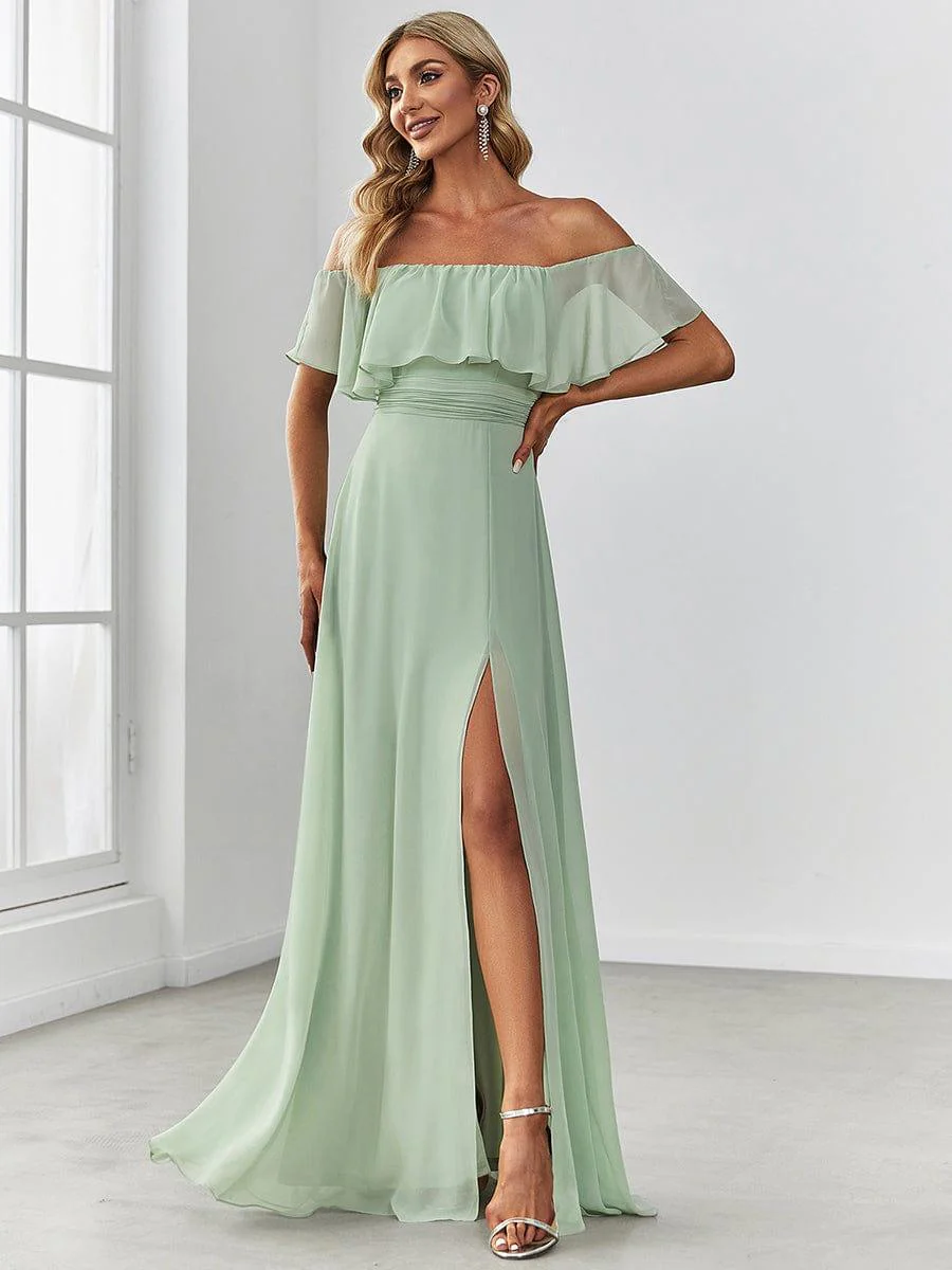 ever ÉMILE|Women's Off-The-Shoulder Ruffle Thigh Split Wedding Guest Dresses