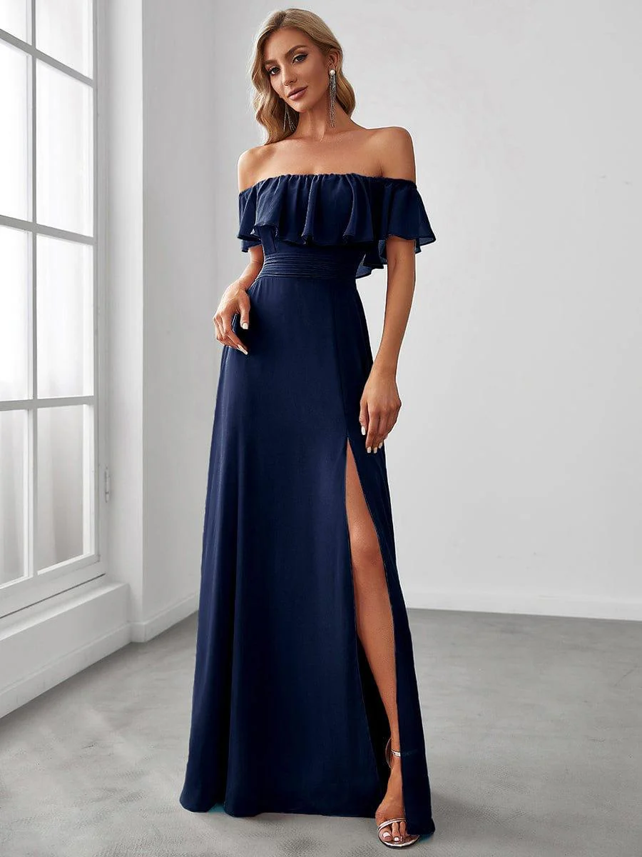 ever ÉMILE|Women's Off-The-Shoulder Ruffle Thigh Split Wedding Guest Dresses - Image 30