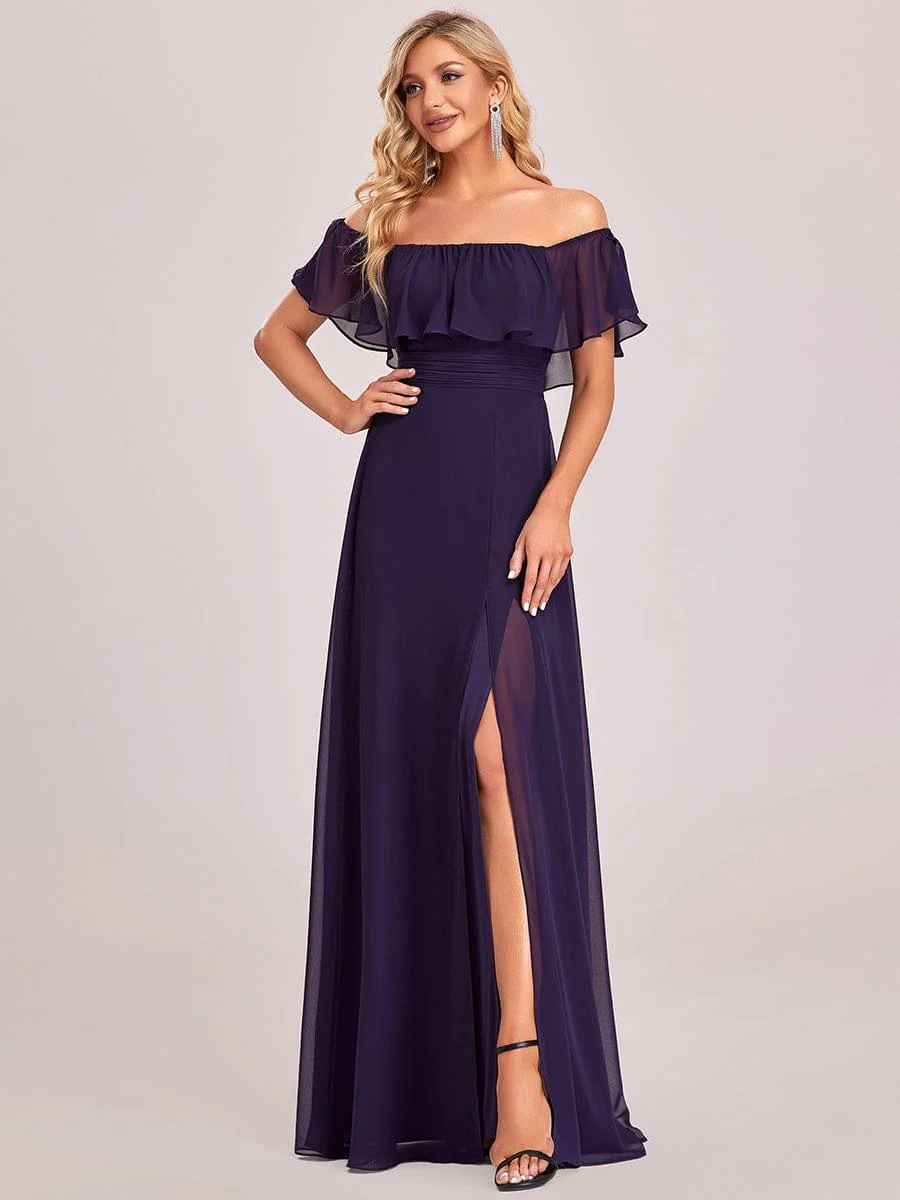 ever ÉMILE|Women's Off-The-Shoulder Ruffle Thigh Split Wedding Guest Dresses - Image 45