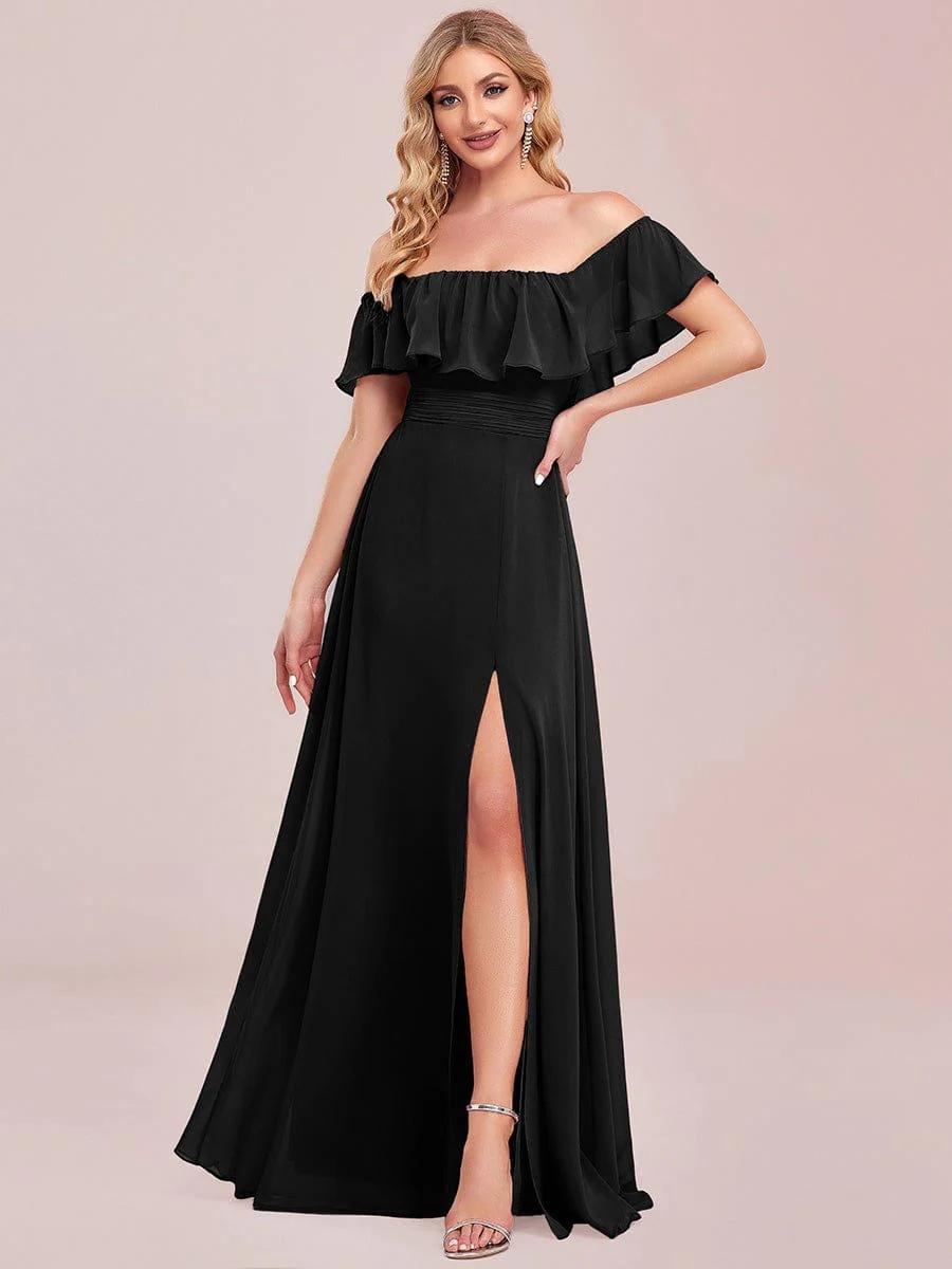 ever ÉMILE|Women's Off-The-Shoulder Ruffle Thigh Split Wedding Guest Dresses - Image 52