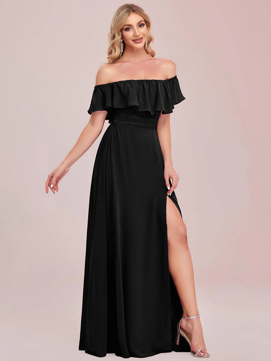 ever ÉMILE|Women's Off-The-Shoulder Ruffle Thigh Split Wedding Guest Dresses - Image 55