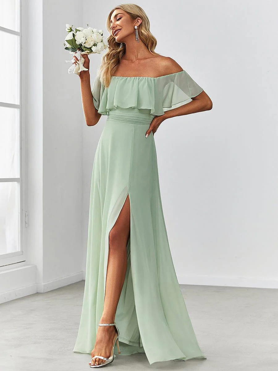 ever ÉMILE|Women's Off-The-Shoulder Ruffle Thigh Split Wedding Guest Dresses - Image 59