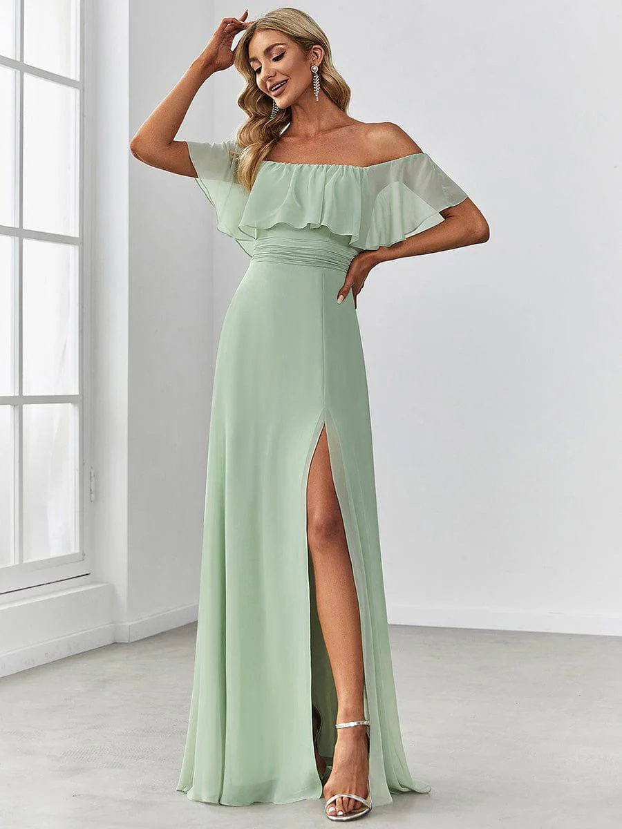 ever ÉMILE|Women's Off-The-Shoulder Ruffle Thigh Split Wedding Guest Dresses - Image 61