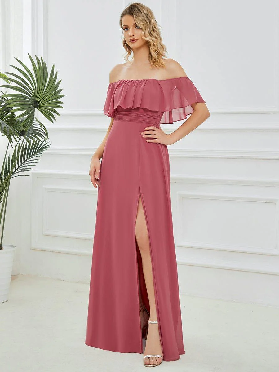ever ÉMILE|Women's Off-The-Shoulder Ruffle Thigh Split Wedding Guest Dresses - Image 87