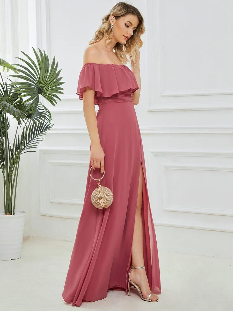 ever ÉMILE|Women's Off-The-Shoulder Ruffle Thigh Split Wedding Guest Dresses - Image 89