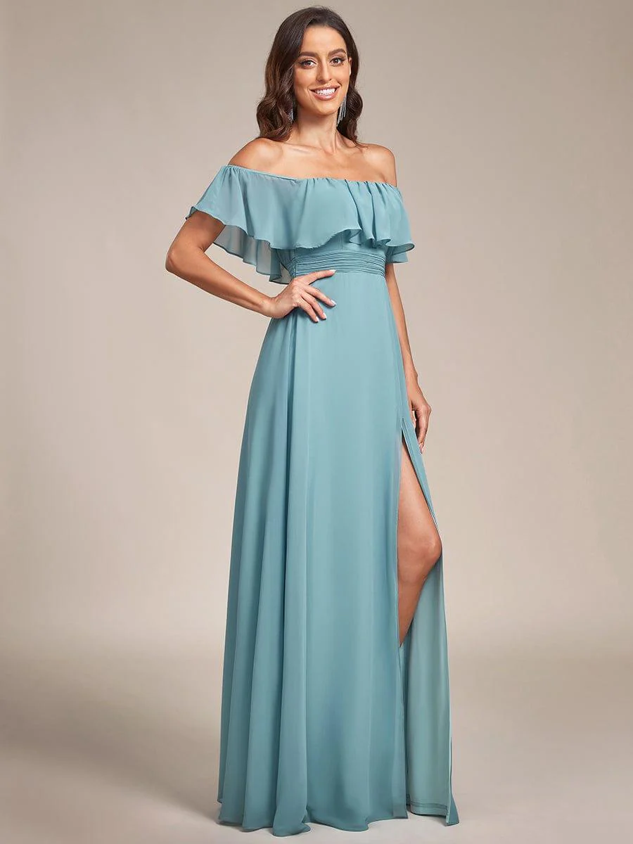 ever ÉMILE|Women's Off-The-Shoulder Ruffle Thigh Split Wedding Guest Dresses - Image 98