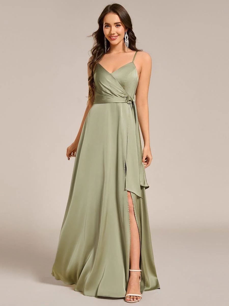 ever IYLA|Wrap-Style Maxi Spaghetti Strap Satin Evening Dress
